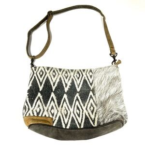 Myra Bag Women’s Crossbody Bag Canvas Faux Fur Leather Gray Brown #0451